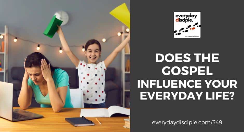 A stressed woman sits at a desk with her head in her hands, facing a laptop, while a joyful young girl stands behind her holding colorful paper in the air. The setting is a cozy, decorated home with bookshelves, string lights, and school supplies.