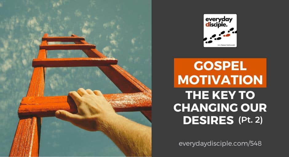 A person’s hand grips a bright red wooden ladder that ascends into a partly cloudy sky indicating the motivation and desire to reach higher