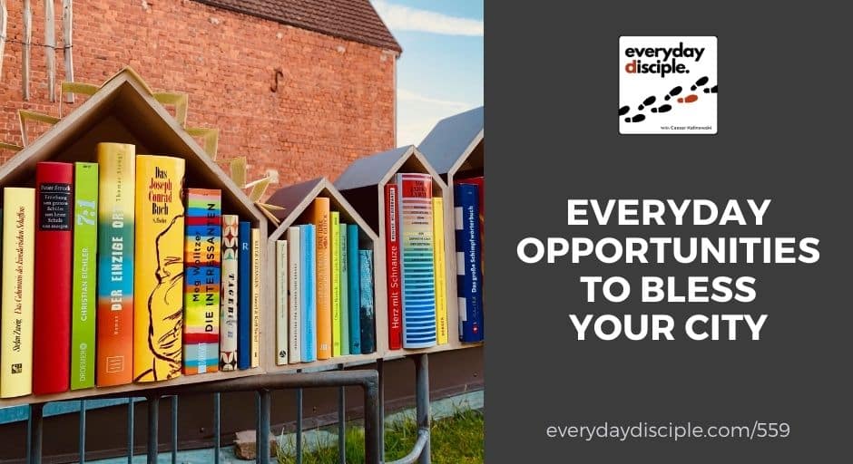 Different books about gospel are lined up to create a display similar to houses in a city.