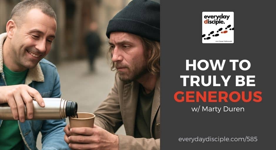 One man shares coffee with another on a city street, symbolizing kindness and practical generosity.