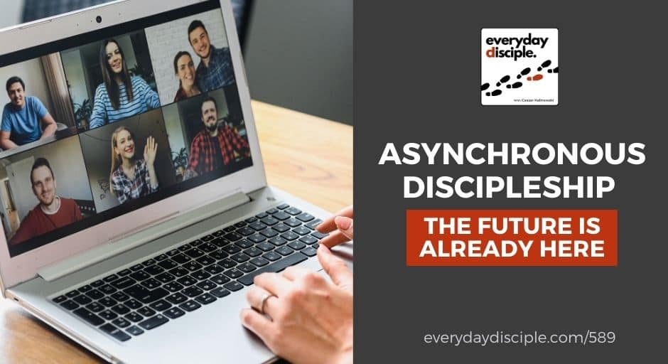 A laptop shows a group video call with several people talking and waving.