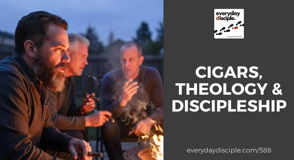 Men gathered around a backyard fire pit smoking cigars and talking about faith.