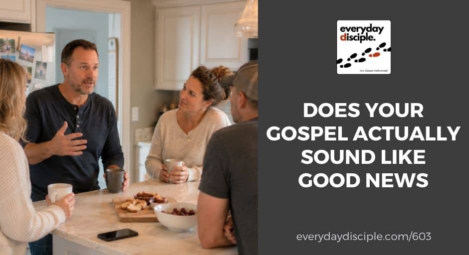 Casual gathering in a kitchen with people sharing coffee and conversation, reflecting community and authentic faith dialogue.