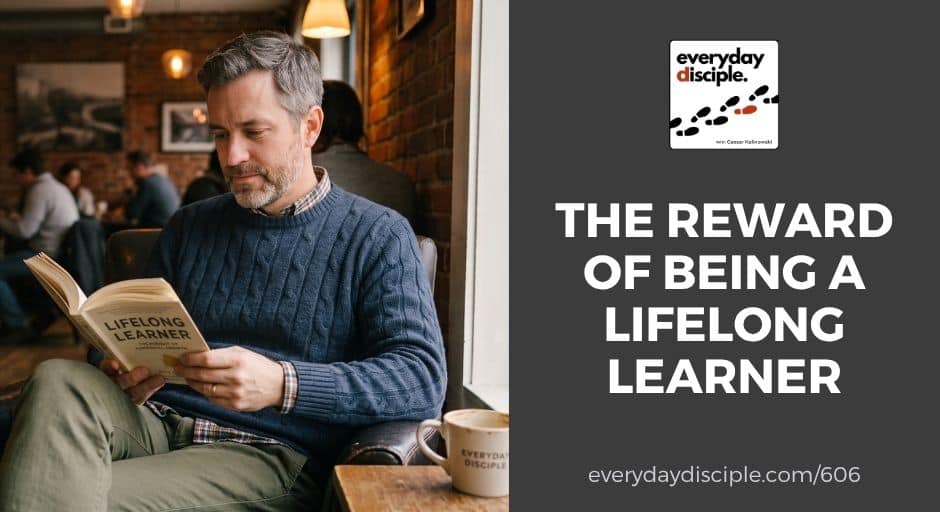 A man reads a book titled Lifelong Learner while relaxing in a coffee shop, illustrating the value of continuous learning, wisdom, and spiritual growth.